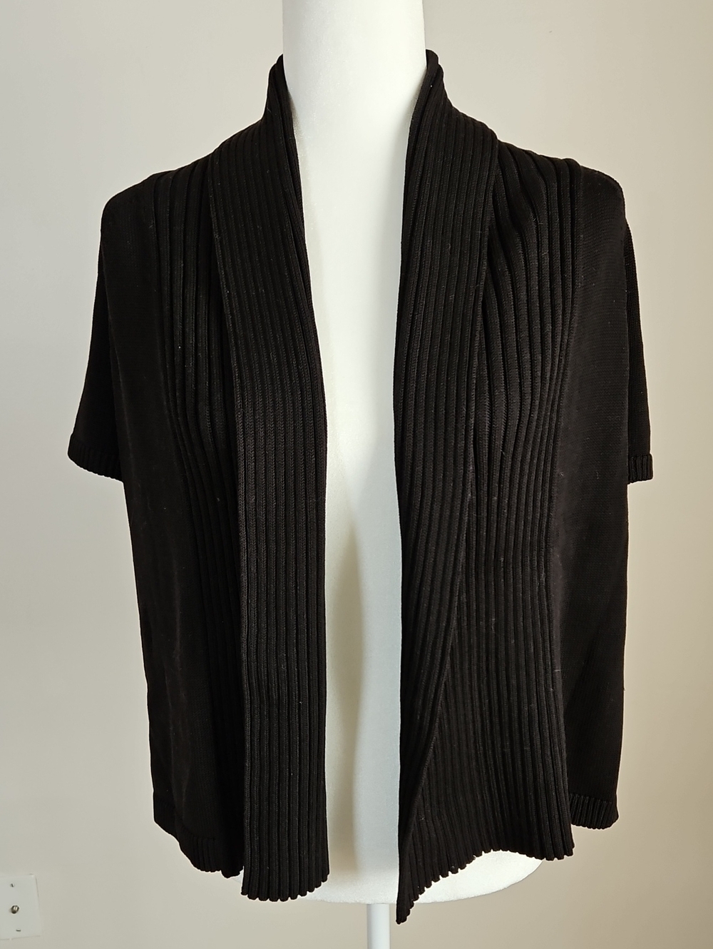 Talbots Rib Knit Shawl Collar Open Cardigan Black Short Sleeve M Layering